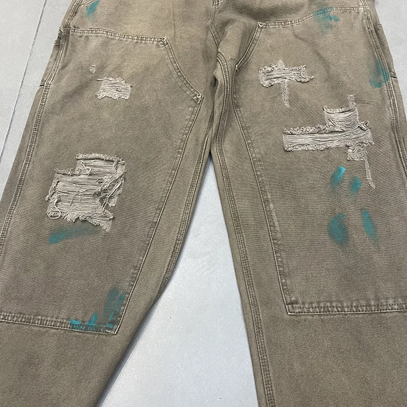 الثقيلة النسيج قماش رش الحبر سانت البضائع السراويل الرجال النساء شارع العليا خمر الكاكي التالفة قطع التصحيح الربط بنطلون