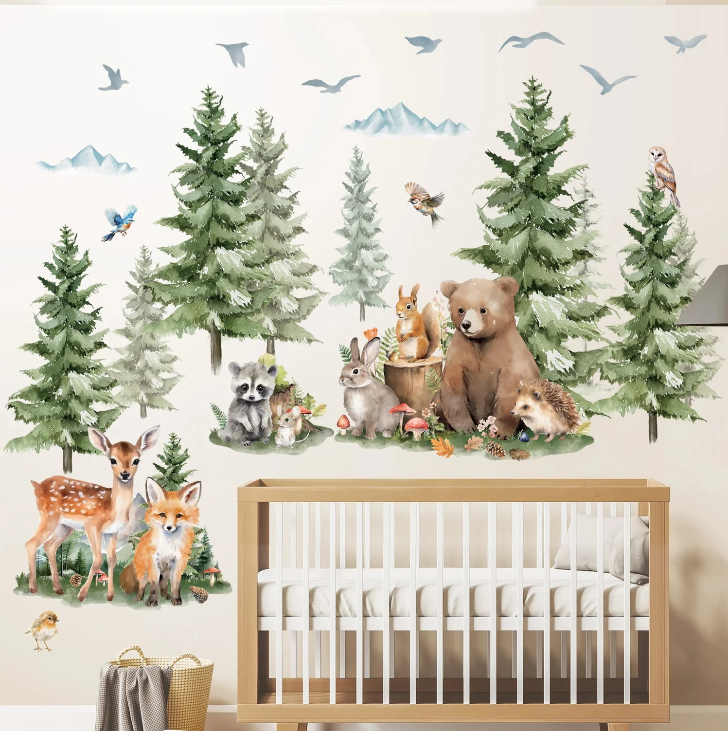 Pines grandes, pegatinas de pared de animales de Safari para dormitorio, sala de estar, bosque, Jugle, bosque, vida silvestre, oso, zorro, ciervo, decoración de calcomanías de pared