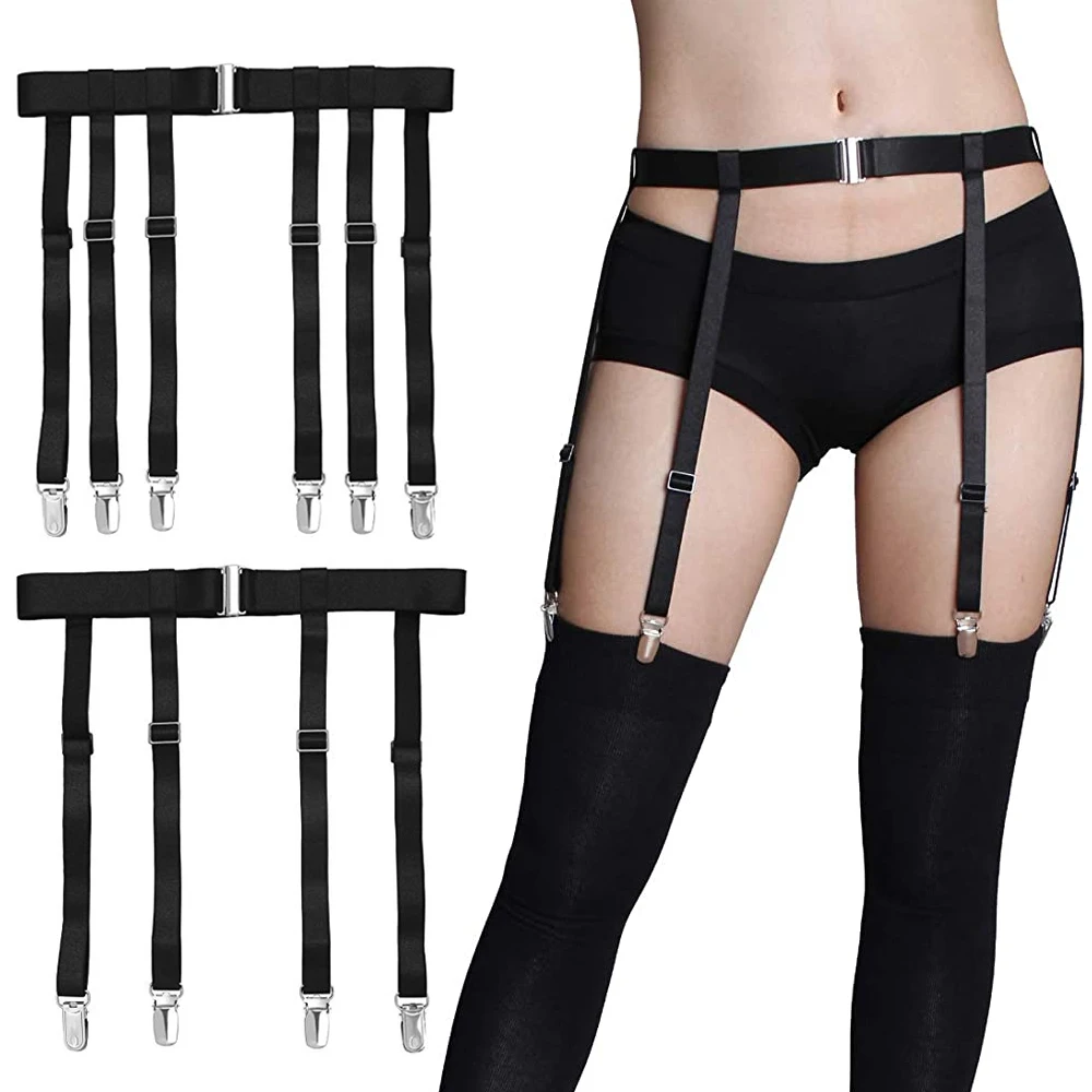 Black Simplicity Sexy Garter Belt for Women Thigh High Stockings Adjustable Elastic Leg Sock Suspenders Belt 4/6 Metal Clips