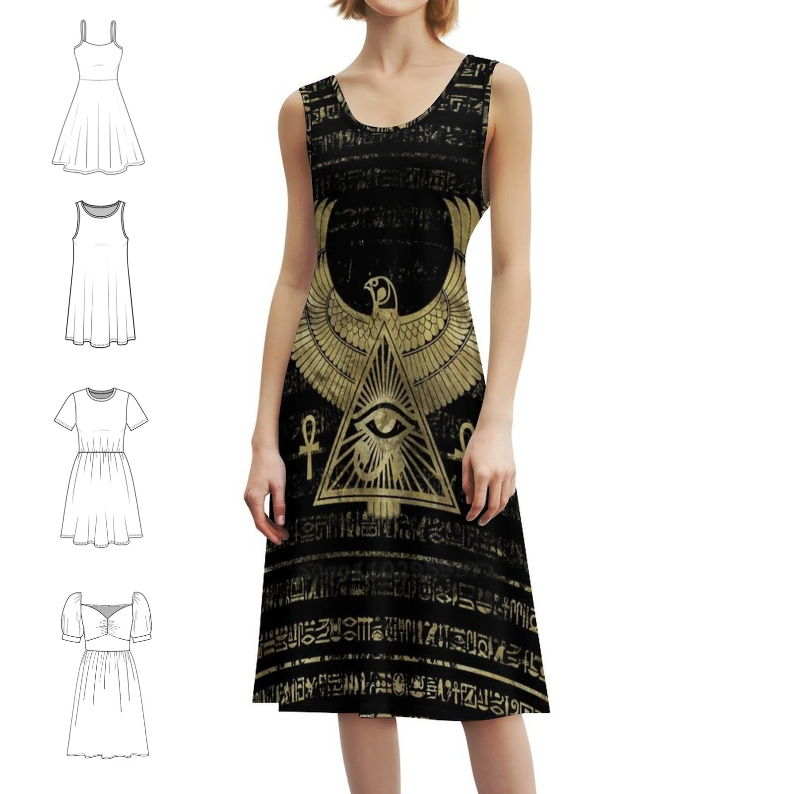 Egyptian Eye Of Horus-Wadjet Gold And Black Bohemian Sleeveless Dress For Women Print Beach Party Dresses Horus Eye Of Horus