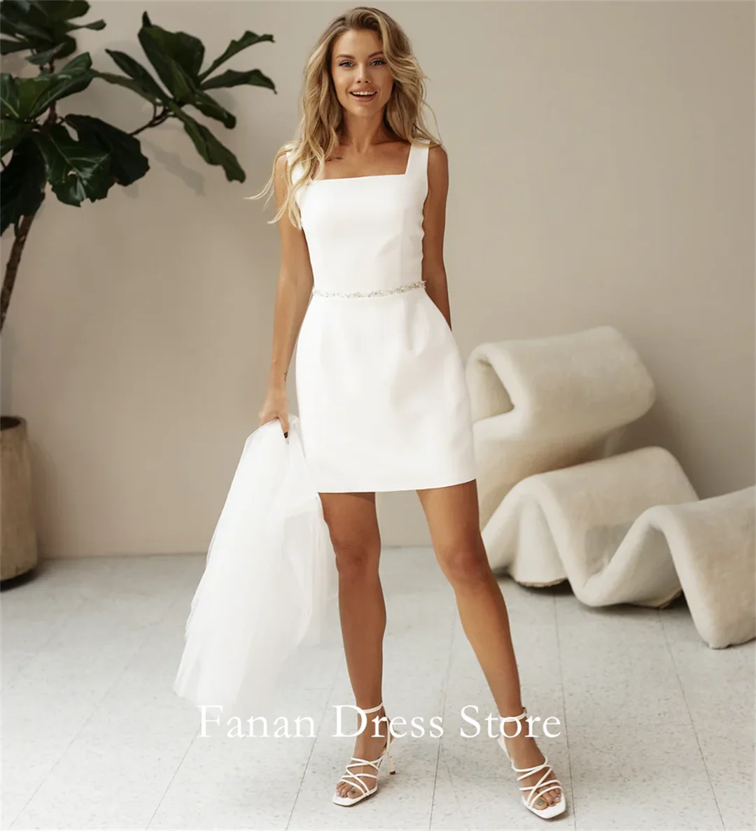 Fanan elegante vierkante hals BURGERLIJKE CHIC MINI WEDING JURK A-lijn Aangepaste satijnen ruches ivoor bruidsfeestjurk vestidos de novia