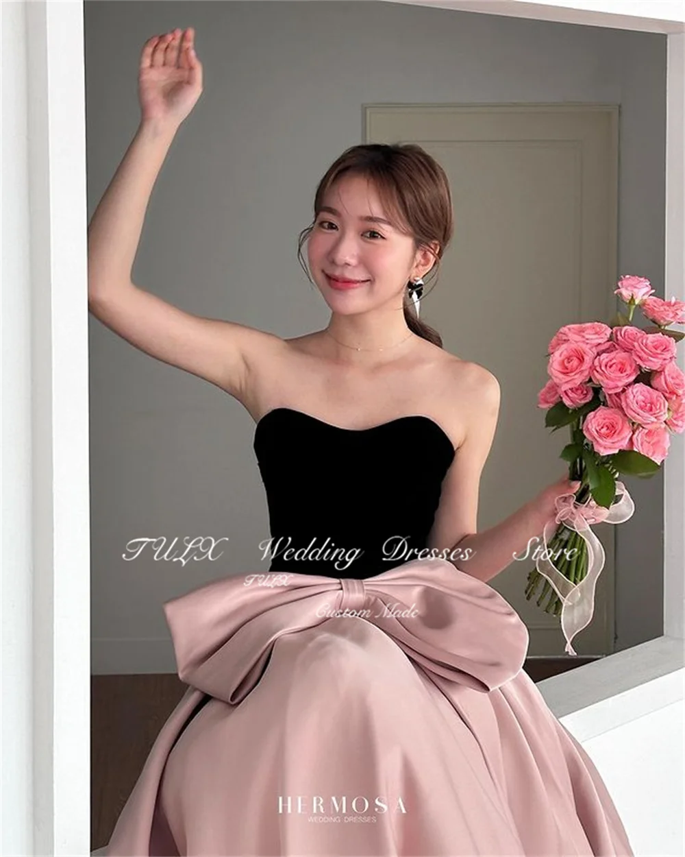 TULX Princess Black Pink Evening Dress Sweetheart A-line Bow Korea Wedding Party Dress Corset Bridal Long Formal Event Custom