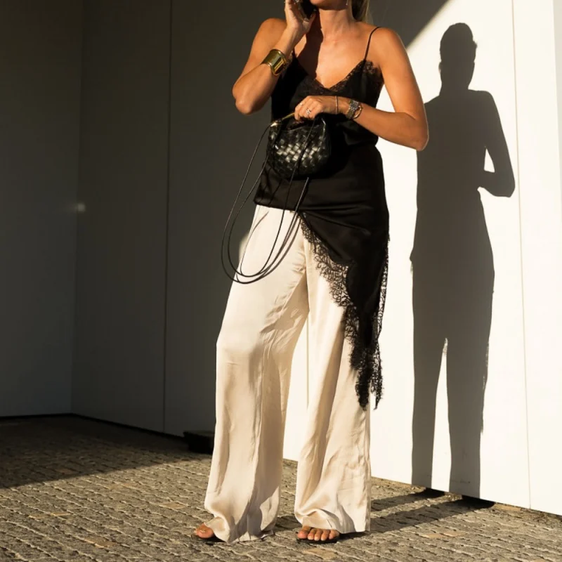 

Women's Clothing 2025New European and American Style Lace Trim Irregular Hem Strap Dress