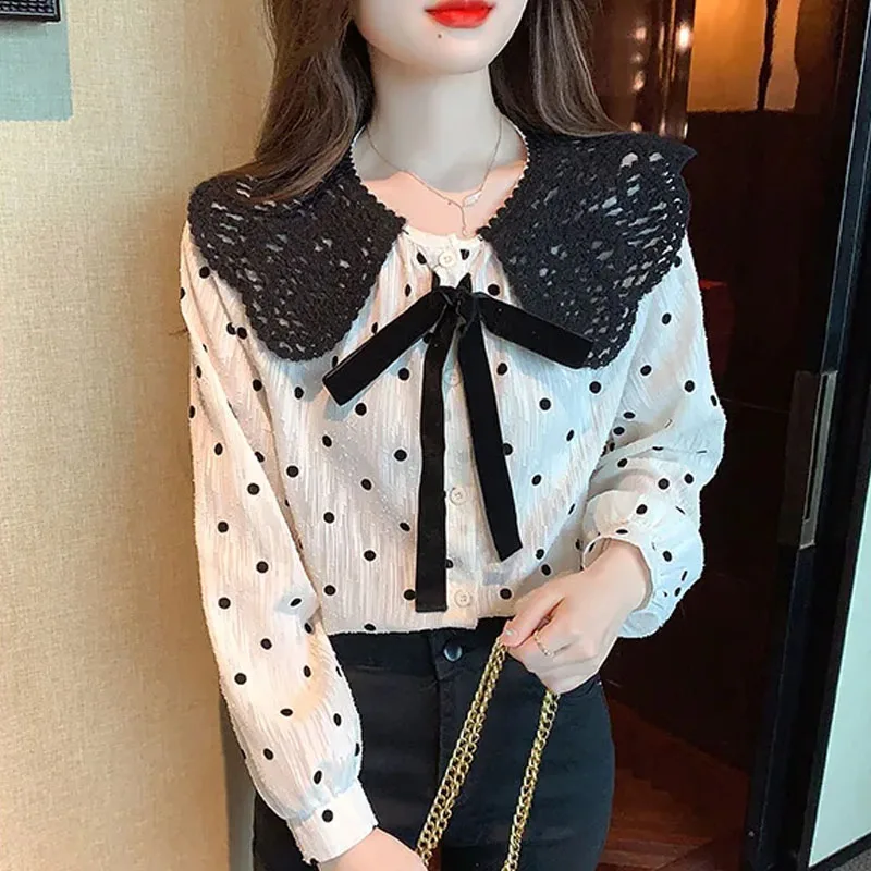 

Blusas Mujer De Moda 2024 Blouse Women Long Sleeve Doll Collar Dot Blouse Shirt Tops Women Blouses Shirts Blusa Feminina G220