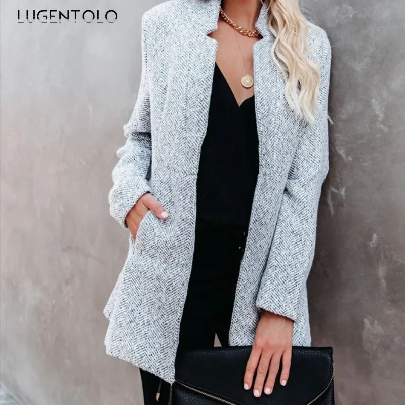 

Lugentolo Women Casual Cardigan Blends Solid Loose Autumn Pocket Jacket Female Street Long Sleeve Elegant Fashion New Coat