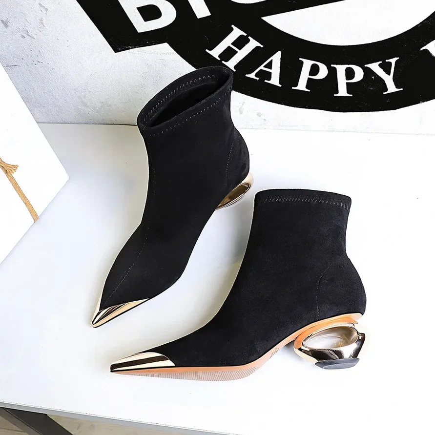 BIGTREE Shoes Street Style Fur Metal Hollow Heel Modern Faux Suede Short Boots for Women Metal Pointed Toe Low Heel Boots Female