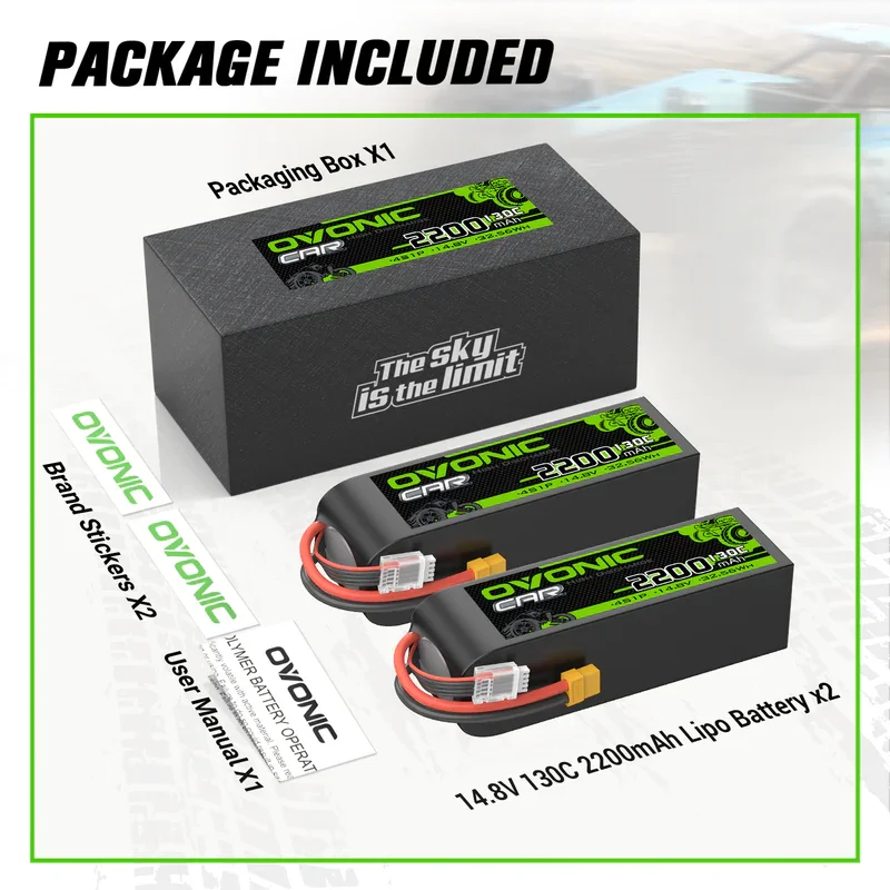 OVONIC 4S LiPo Battery 2200mAh 14.8V 130C XT60 Connector 2 Pack for 1/10 Scale RC Cars & RC Trucks