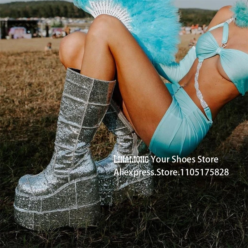 

Silver Glitter Smacked Platform Boots Inside Full Length Zipper Wedge Boots Super High-Heeled Fashion Boots Customizable Colors