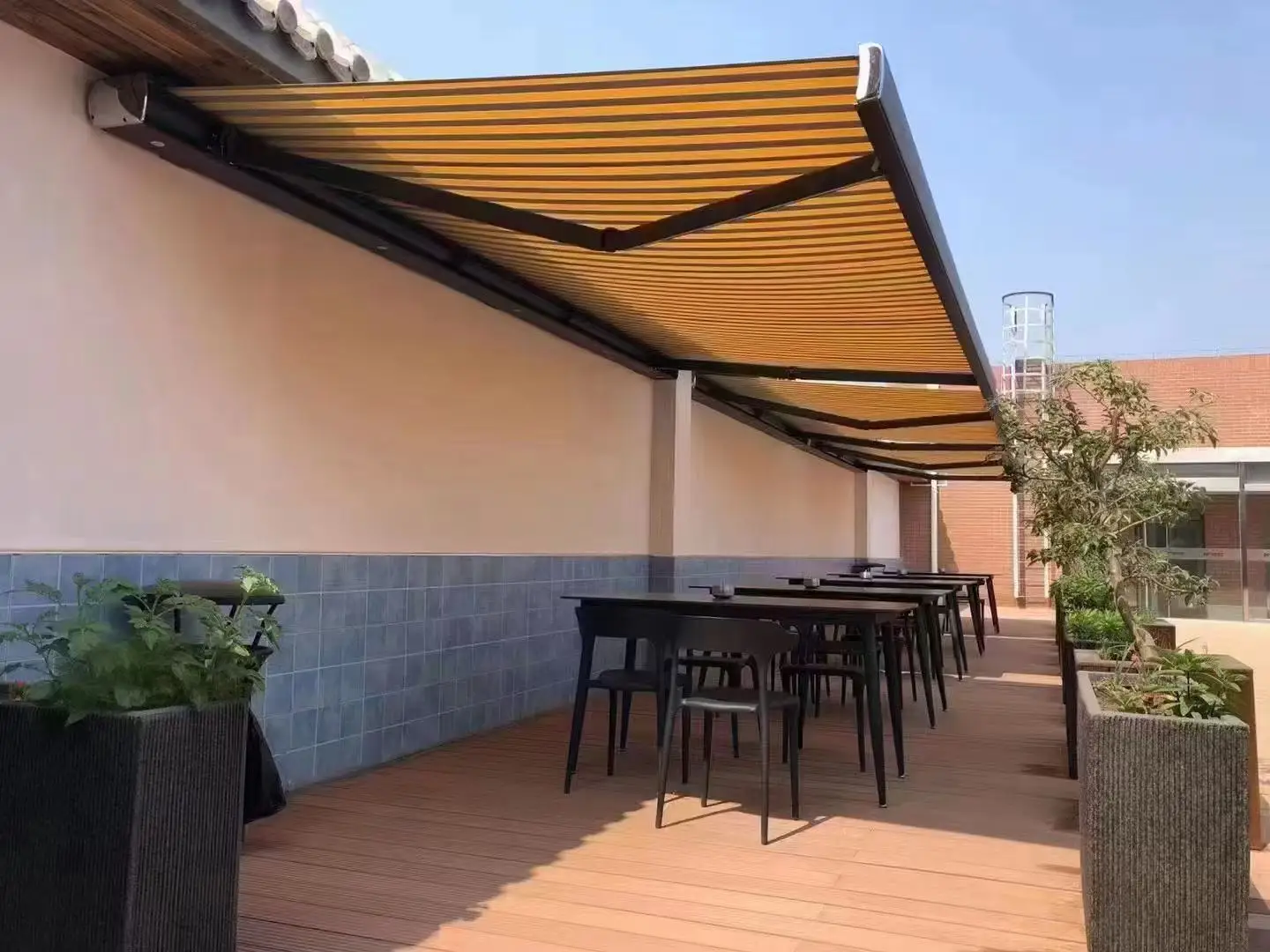 Full Cassette Motorized Awning with LED Lighting Luxury Aluminum Frame & Remote Control for Hotels Cafes & Outdoor Spaces