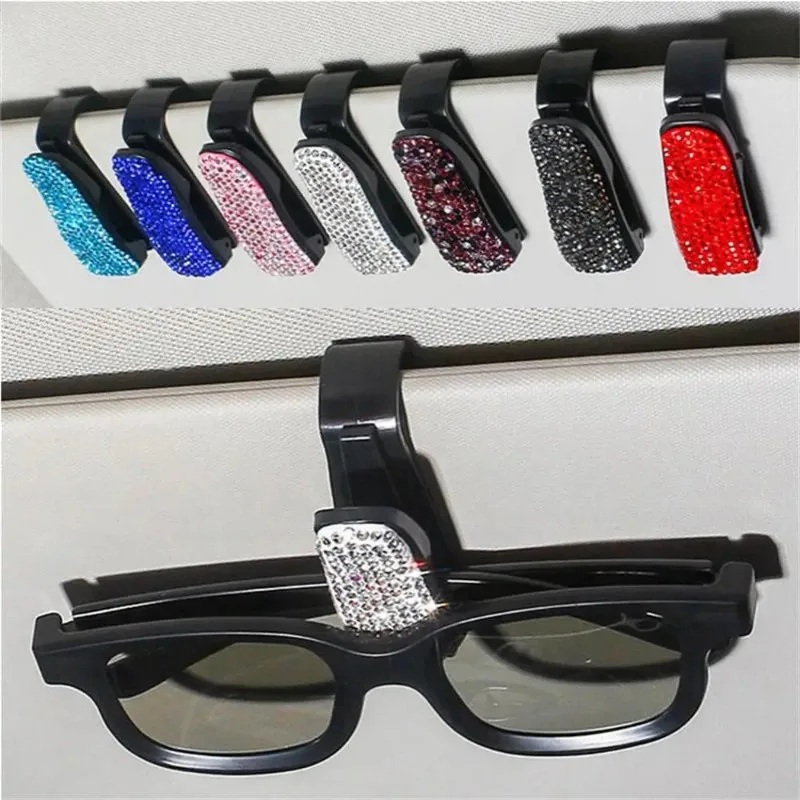 Women Sun Visor Mount Sunglasses Clip Holder Rhinestone Bracket Portable Sunglasses Crystal Clip Car Decoration Accessory Gift