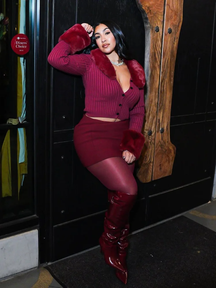 

Lady Burgundy Faux Fur Patchwork Kintted Cardigan Elegant Single Breasted Slim Cropped Coat Women Daily Commute Street Cardigans