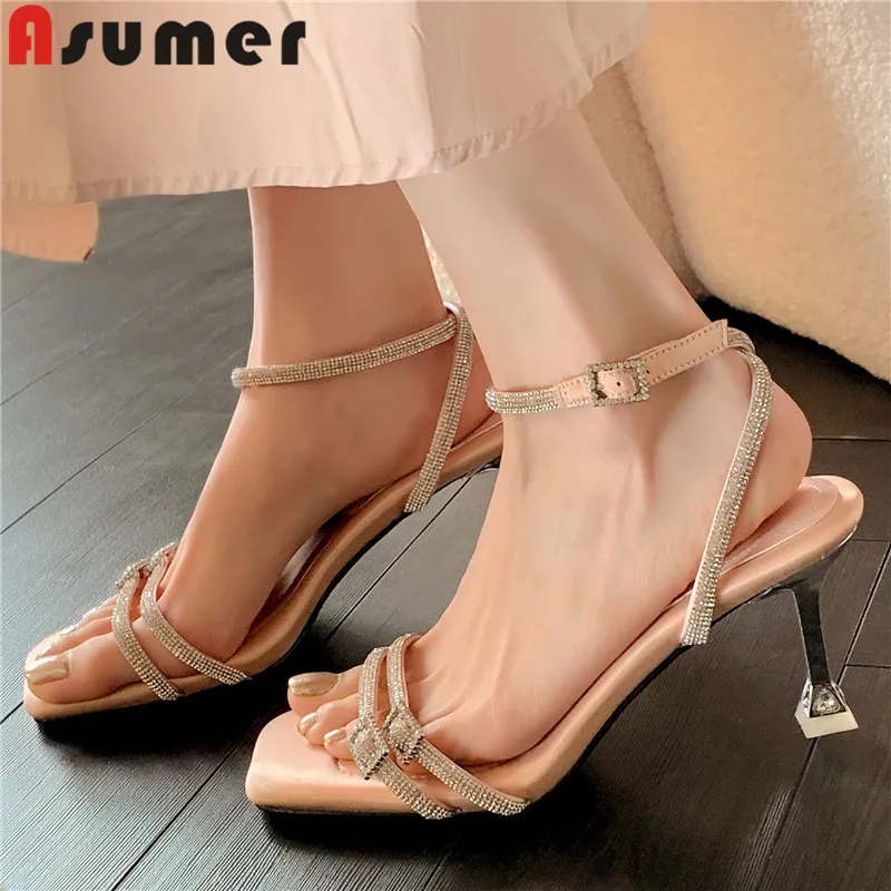 

ASUMER 2024 New Rhinestone Microfiber Wedding Sandals Sexy Female Slingbacks Buckle Shoes Thin High Heels Women Sandals