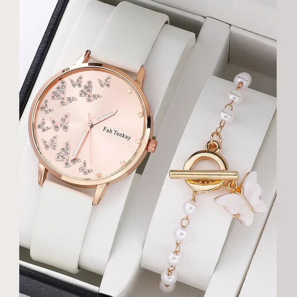 2pcs/set Fashion Butterfly Pattern Watches Rhinestone PU Leather Analog Quartz WristWatch Ladies Watch Women Dress Reloj Mujer