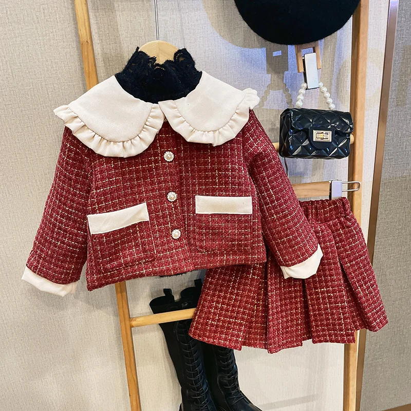 2024Girl Thickened Korean Style Red Grid Princess Style Woolen Two-Piece Suit