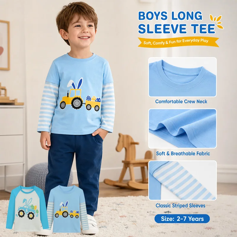 Little Hand Easter Shirts Baby Boys Girls Raglan Long Sleeve Tees Toddler Easter Bunny Squad Graphic Tops for 2‑7 Years Old