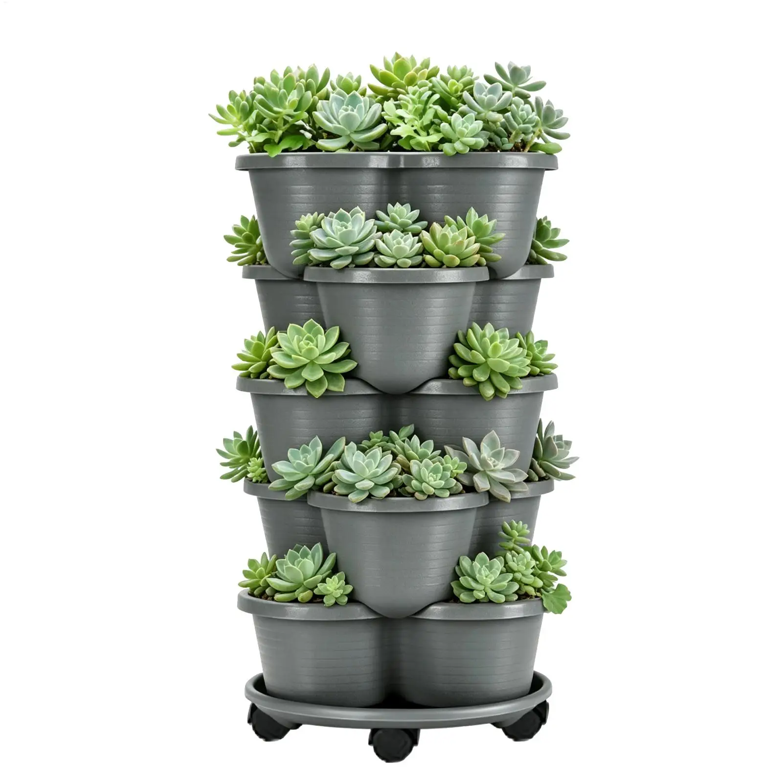 Stackable Planters Garden Tower 5 Tiers Vertical with Wheels Growing Plant Container for Backyard Patio Greenhouse Indoor