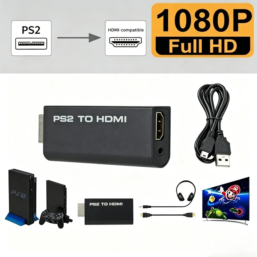 Adaptador de Video HD PS2 a HDMI compatible con convertidor 480i/480p/576i con salida de audio de 3.5mm para PlayStation2, adaptador PS2 a HDTV