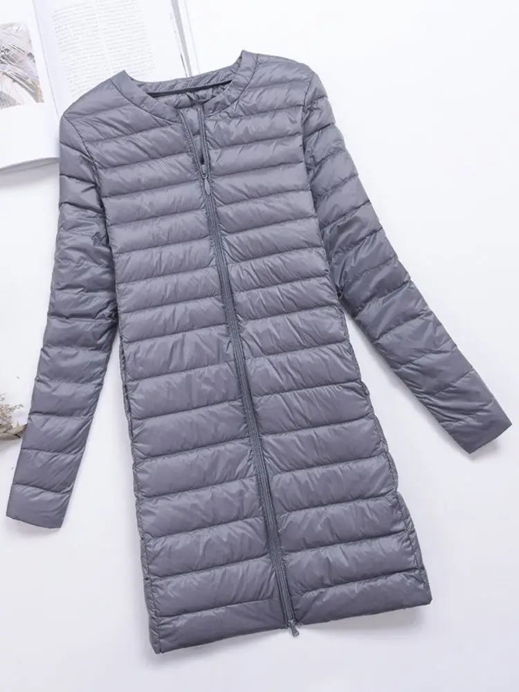 Abrigo ultraligero de plumón de pato para mujer, chaquetas de invierno sin cuello, abrigos largos ajustados portátiles, prendas de vestir exteriores, 0-10 ℃, novedad de 2024