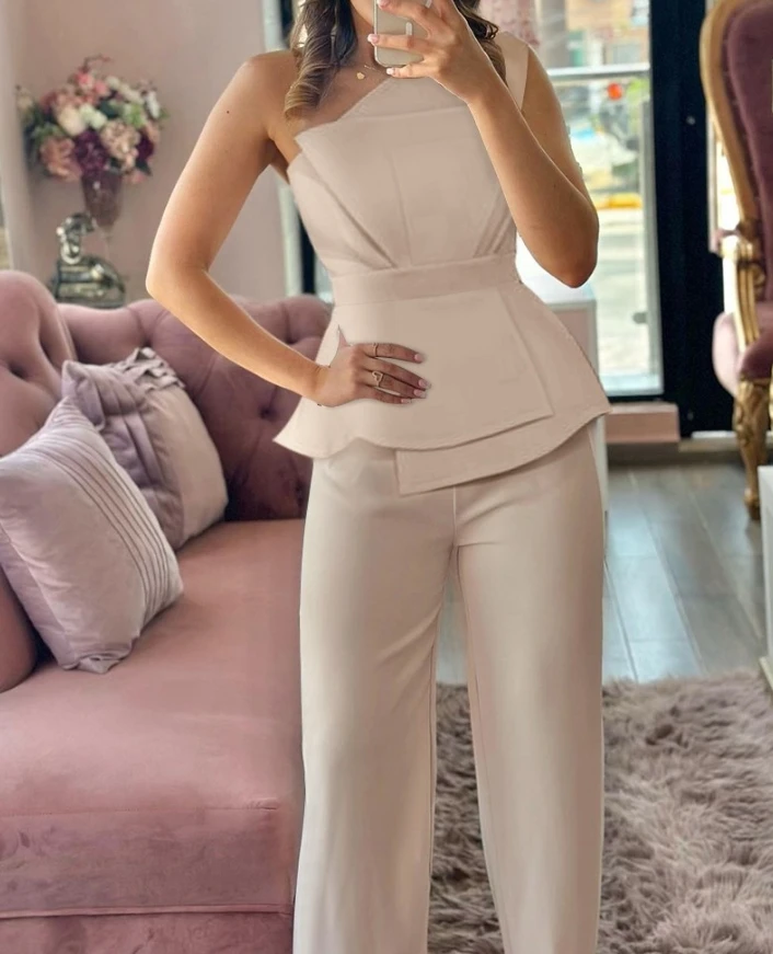 Two Piece Set Women Outfit Summer Fashion One Shoulder Ruched Sleeveless Top & Casual High Waist Straight Leg Daily Pants Set