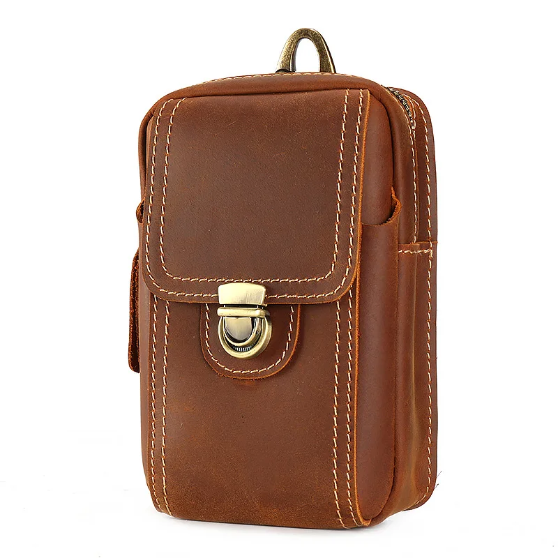 

YH3127Real leather crazy horse leather vertical men's bag, double-layer mobile phone bag, wearing leather pants, waist waist bag