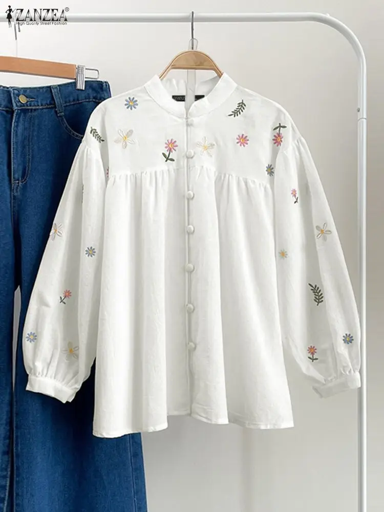 

ZANZEA Autumn Floral Printed Shirt Fashion Women Long Sleeve Tops Stand Neck Office Work Blouse Casual Buttons Blusas Oversize