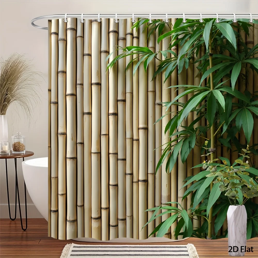 

Natural Fence Shower Curtain 180x180cm – Rustic Green Stalks & Leaves on Beige, Minimalist Zen Bathroom Decor, 12 Hooks
