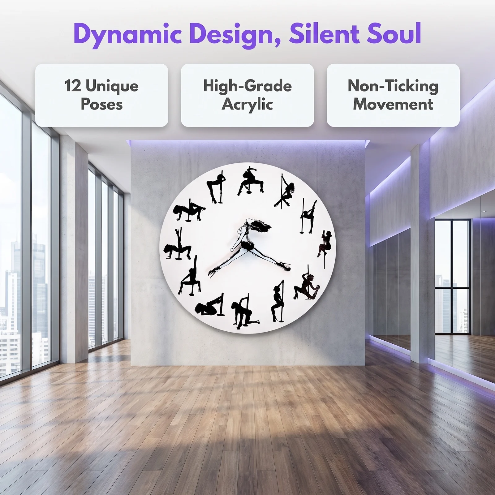 Pole Dance Wall Clock Creative Dancer Pointer Silhouette Wall Clock for Dancing Studio Dance Lovers Gym Home Decor Silent Clock