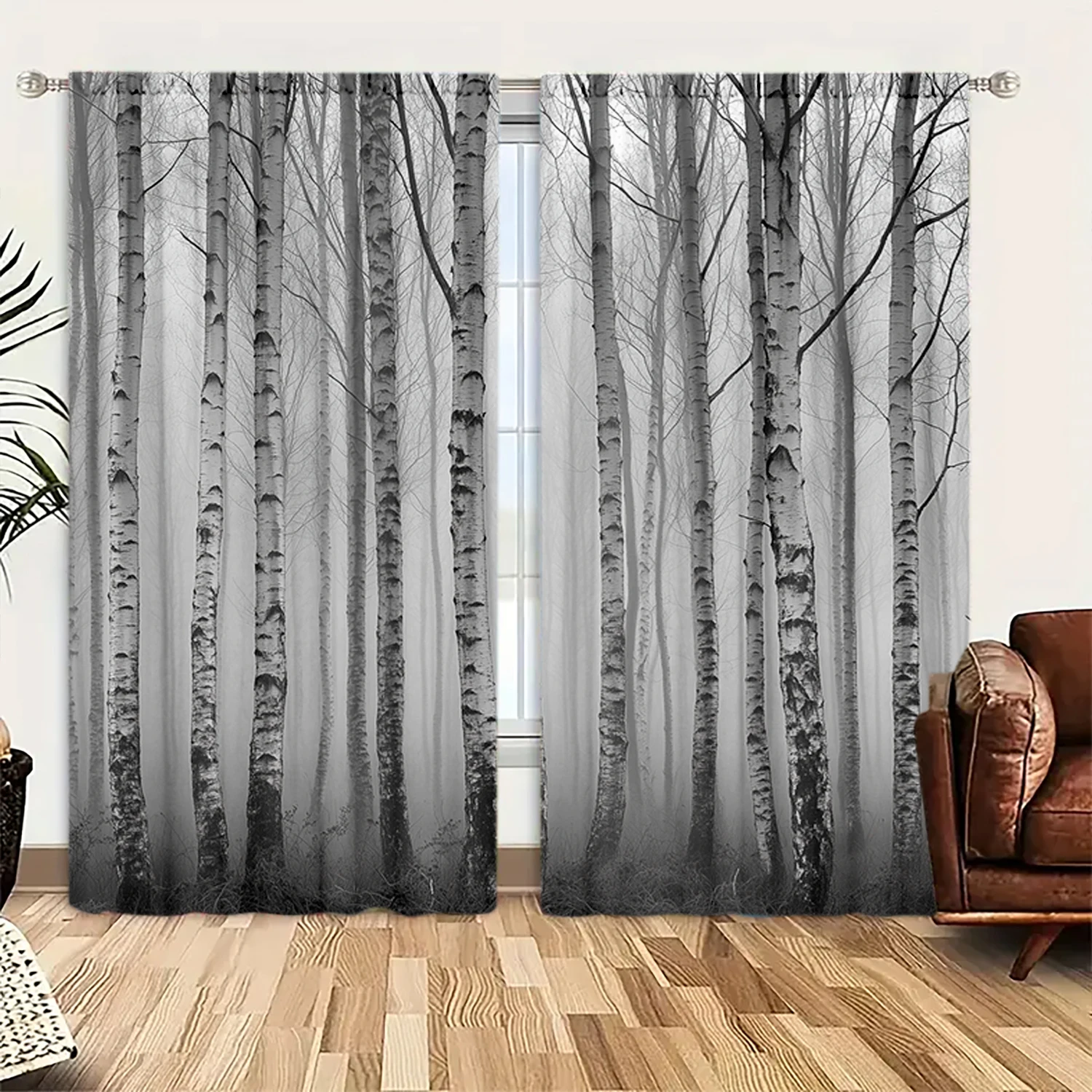 

2 шт. серебряная занавеска с принтом березы для домашнего декора - карман стержневым карманом для обработки окон для спальни, офиса, кухни, гостиной