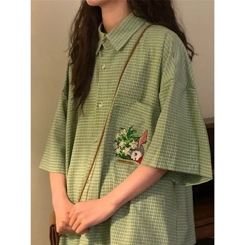 EBAIHUI Short Sleeved Bunny Embroidered Women's Blouses Green Checkered Shirts with Pocket Loose Lapel Girl's Versatile Tops