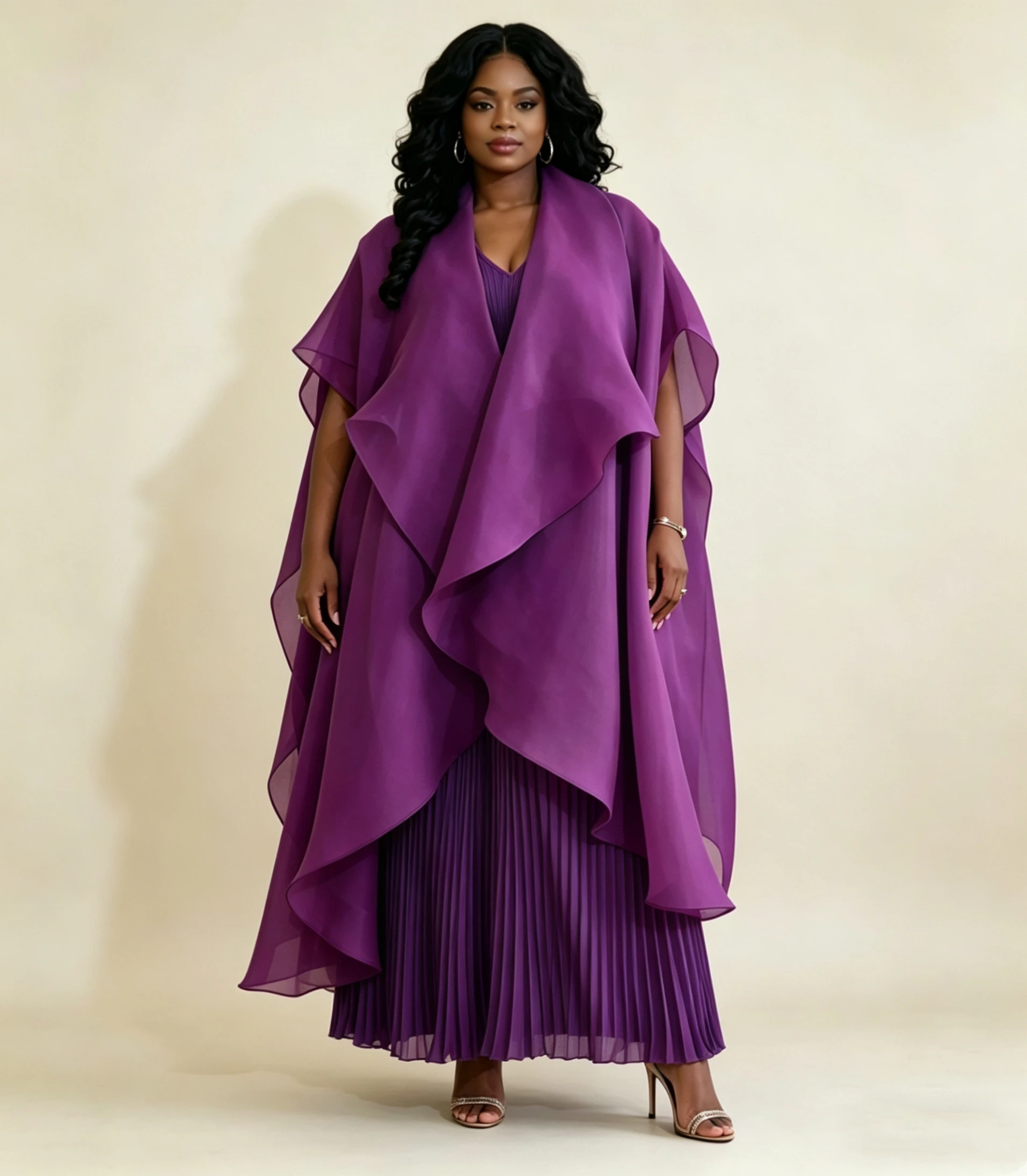Übergrößen Damen 3-Teiliges Hosen-Set Elegantes Cape-Oberteil und Plissierte Hose Abend-Party-Outfit – Detail 1