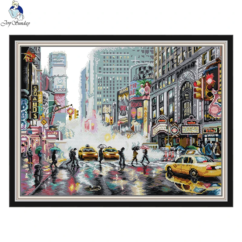 Joy Sunday Cross Stitch Kits 11/14CT Embroidery Painting New York Times Square DMC Printed Canvas DIY Handmade Home Decor