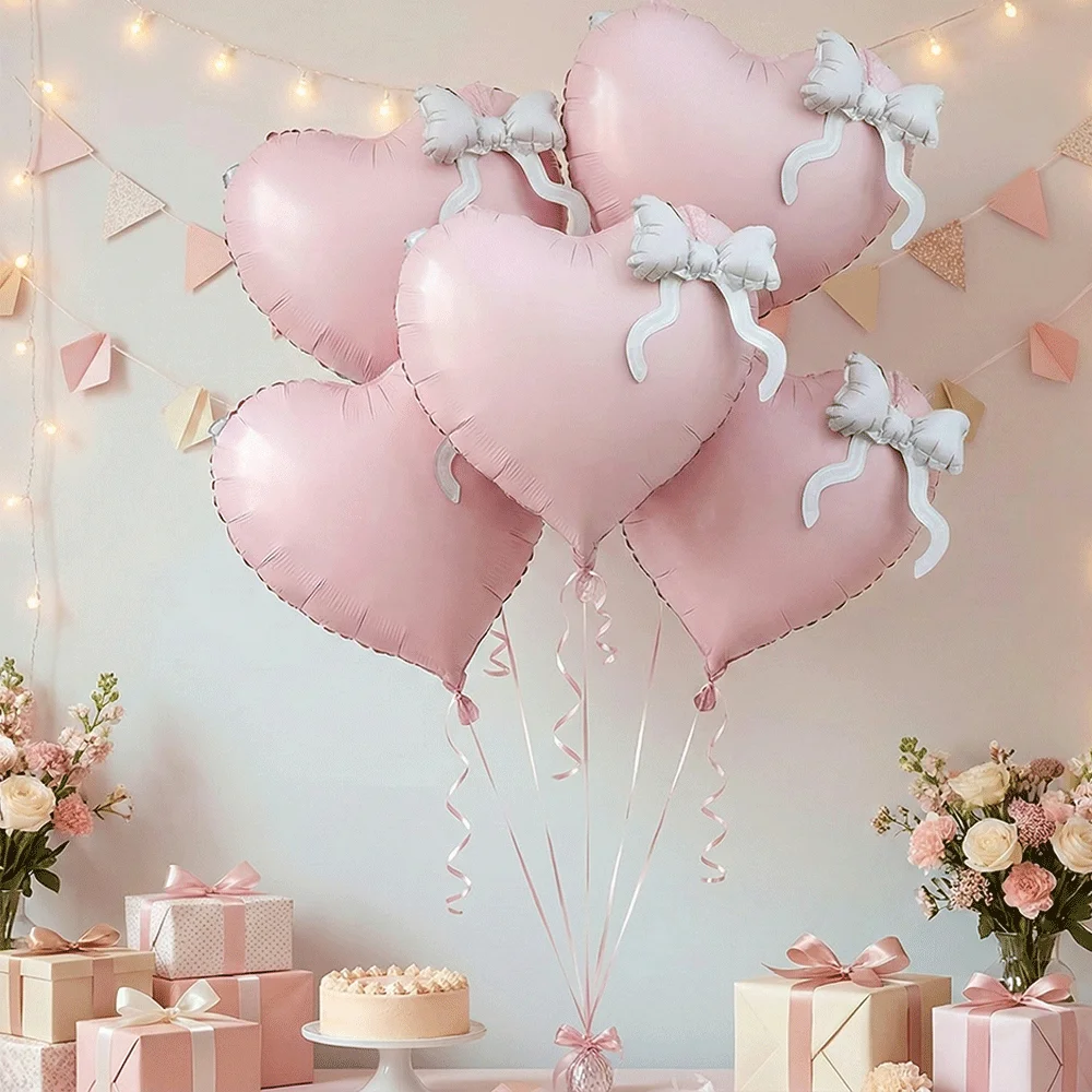 2/5 Stück 22 Zoll Coquette Rosa Herz-Folienballons mit Schleife für Hochzeit, Babyparty, Geburtstag, Valentinstag, Partydekoration