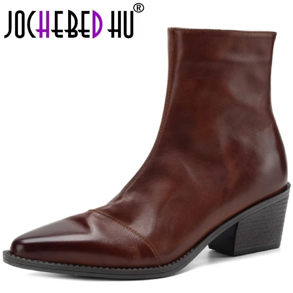 【JOCHEBED HU】Handmade Genuine Leather Short Boots Pointed Toe Mid Heel Modern Boots Simple Style Commute Women's Boots 34-40