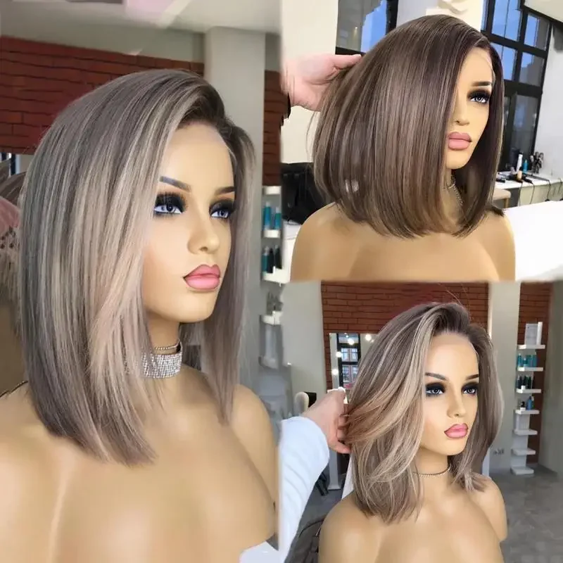 Peluca Bob corta, pelucas de cabello humano de color rubio ceniza, pelucas de cabello humano con frente de encaje marrón, muy adecuadas para actuaciones