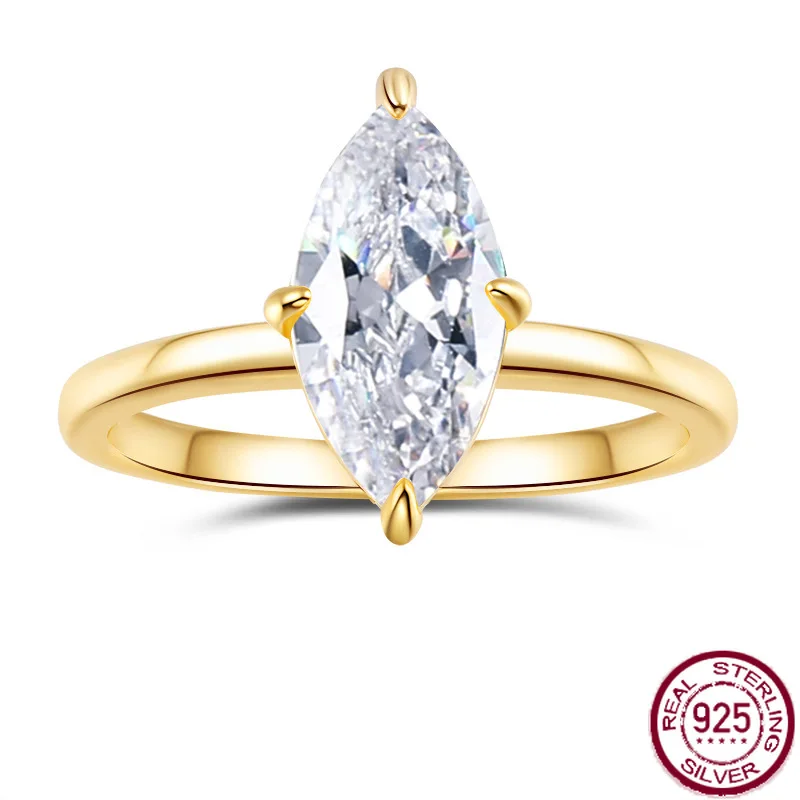 

New Ma Yan Mo Sang Stone Ring Plated with 18K Gold Diamond Ring, Simple and Fashionable 925 Pure Silver Ring, Wedding Jewelry