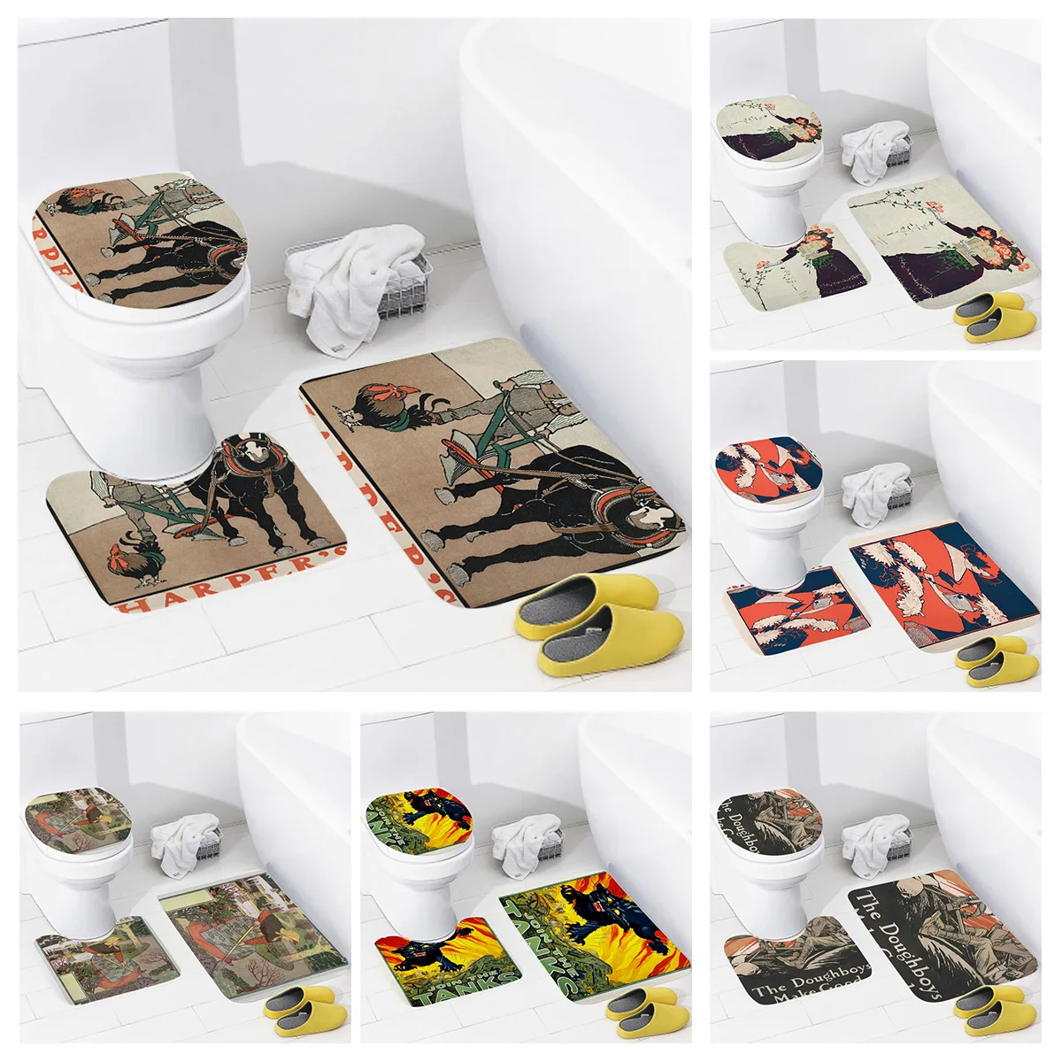 

American Retro Bathroom Non-Slip Mat Toilet Cushion Cover Combination Non-Slip Mat Toilet Bathroom Decoration three-piece set