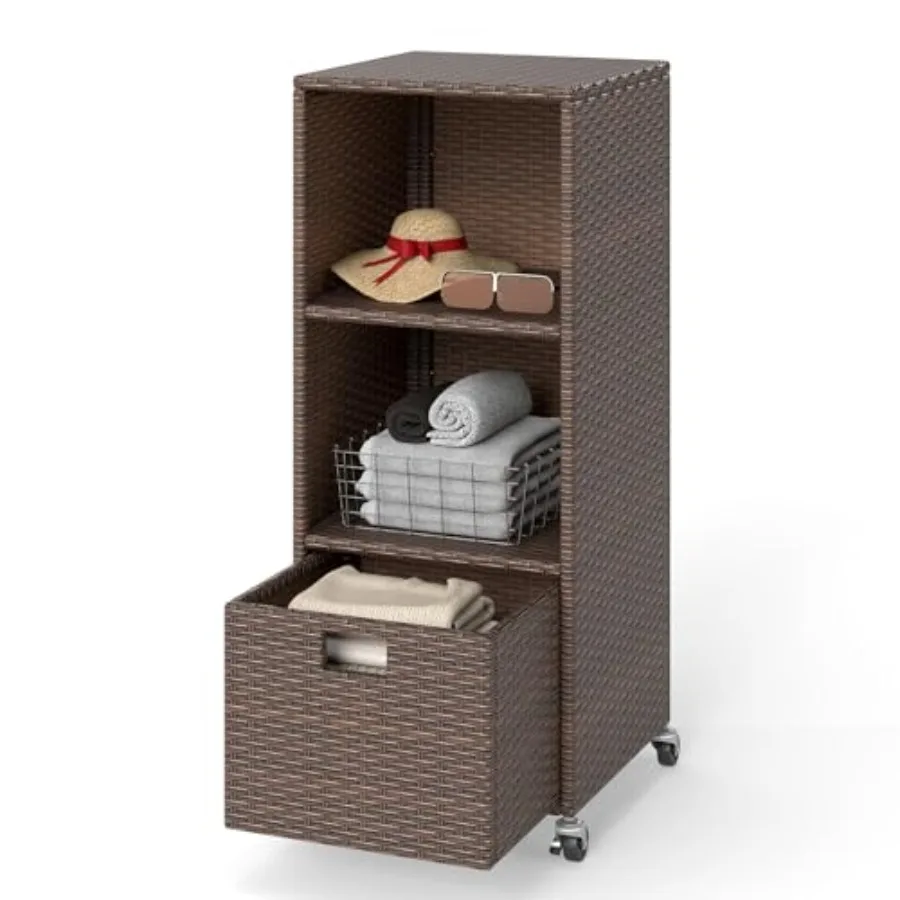

Wicker Outdoor Storage Cabinet Rattan Pool Towel Rack on Wheels with Shelves and Drawer Tall Patio Furniture Outside