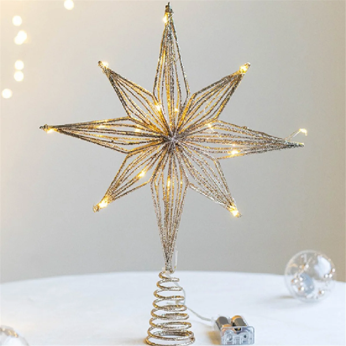 Adornos para árbol de Navidad, lámpara LED de estrella, adornos navideños para el hogar, adornos de árbol, luz de árbol de estrella de ocho puntas, oro champán