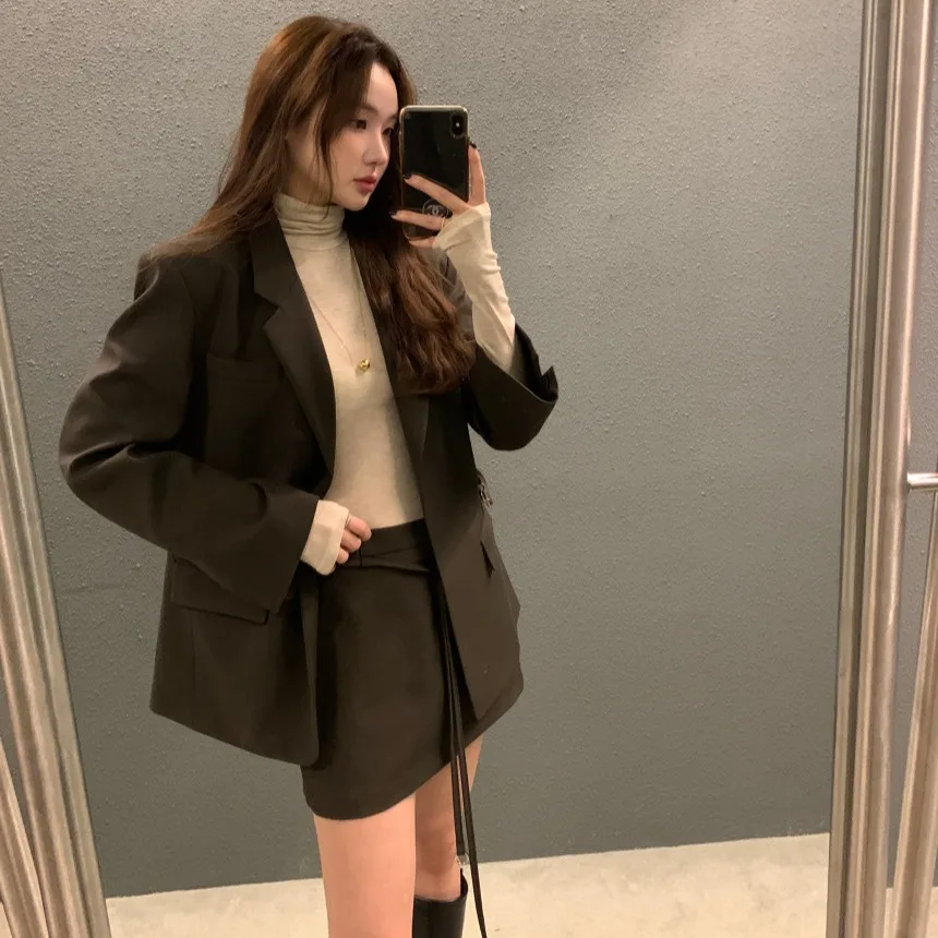 

Ретро-костюм с поясом: пиджак и юбка, комплект из двух предметов, женская модная коллекция весна, длинный рукав, элегантный ансамбль