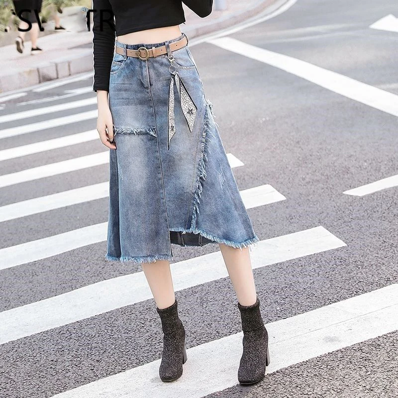 Ladies Dresses Retro Ripped Middle Length Skirt Street Dress Krean Style Oversized A Line Casual Women's Denim Skirt YK2 Dresses