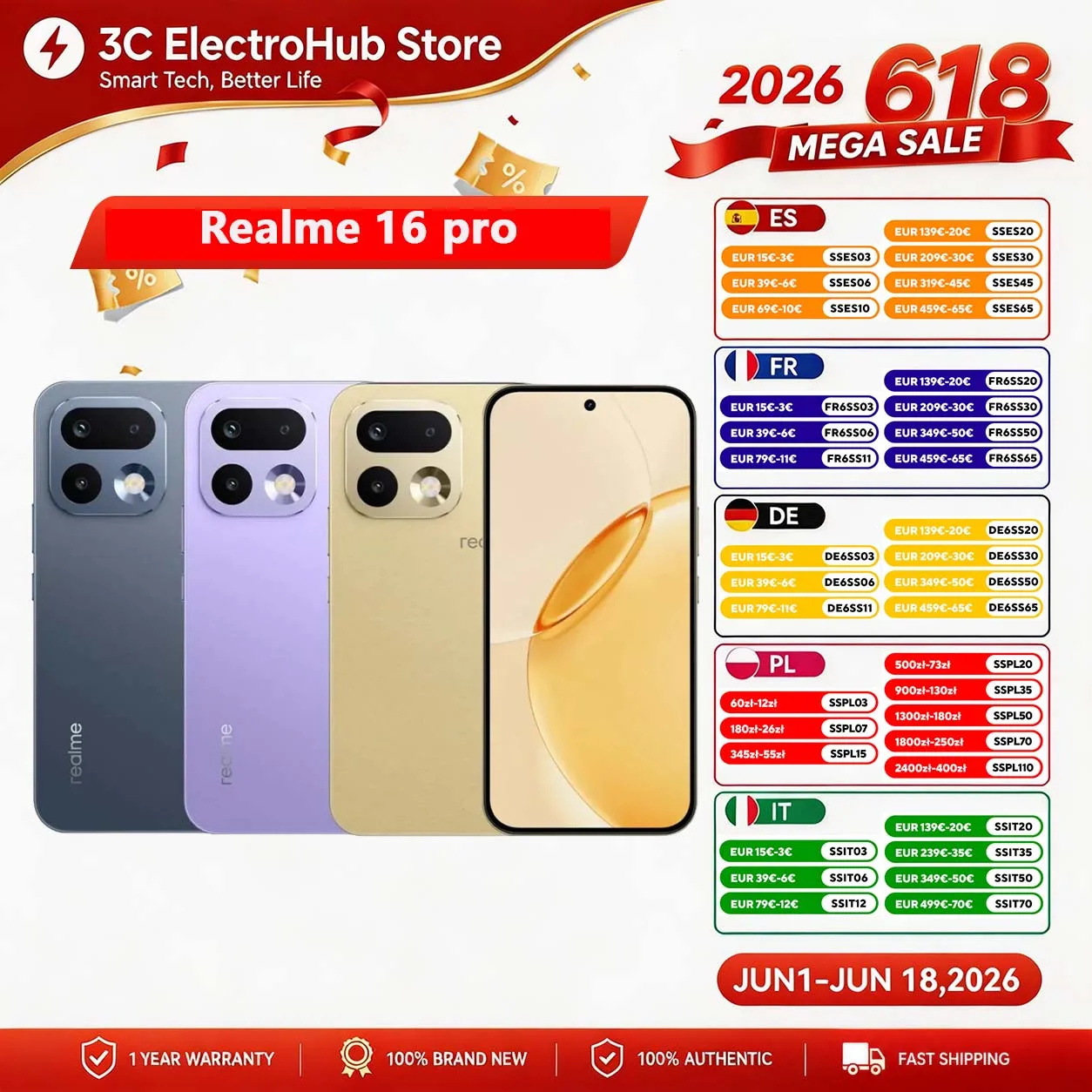 【Version UE】Smartphone Realme 16 Pro 5G 8+256 Go, AMOLED 144 Hz, 7000 mAh, 80 W SuperVOOC, 50+200 MP, Dimensity 7300 Max, IP69