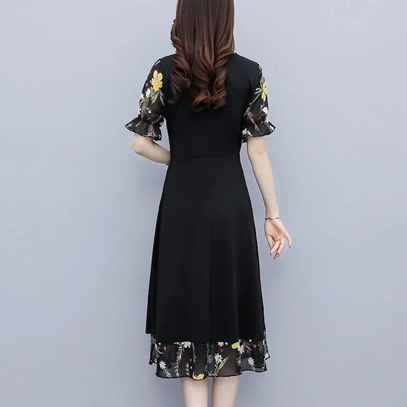 Black Floral Patchwork Midi Dress Women Summer Elegant Ruffles Short Sleeve A-Line Dresses Large Size Casual Vestidos De Mujer