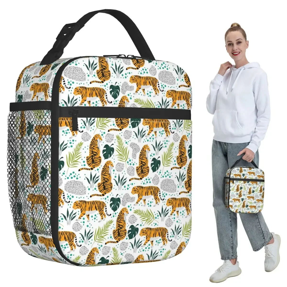 Jungle Tiger And Tropical Floral Insulated Lunch Bag for Kids School Cooler Thermal Food Box Tote Portable Lunch Boxes Container