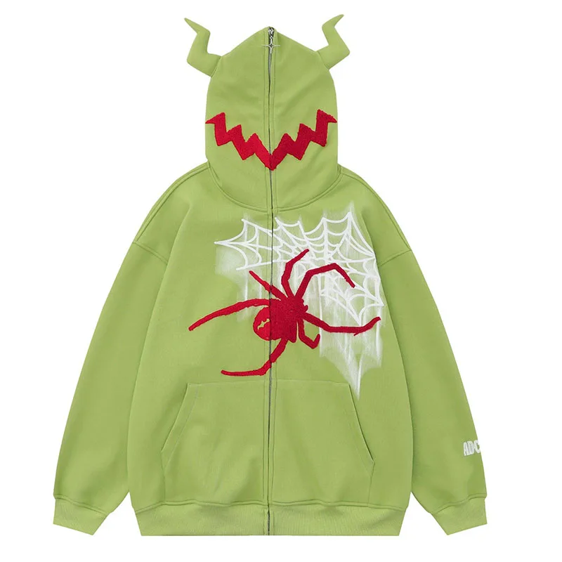 

Devil Horns Spider Web Embroidery Sweatshirt Men Hip Hop Harakuju Oversized Hoodies Coats Spring Autumn