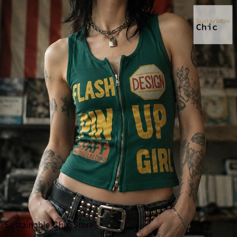 American retro spice girl wind letter printed zipper vest sling female summer new fashion slim Joker sleeveless casual top.