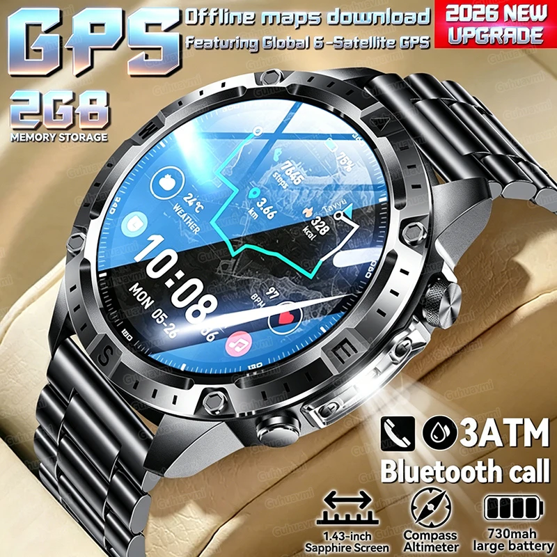 2026 New Built-in GPS Offline Map Position Smart Watch 2GB Memory 3ATM Waterproof Compass BT Call Swim Sports Bracelets For Men