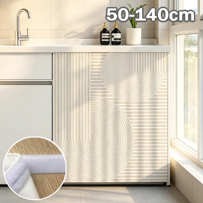 Self Adhesive Cabinet Curtain Modern Geometric Line Printed Sink Dustproof Privacy Cover for Kitchen Cabinet Bookshelf Wardrobe