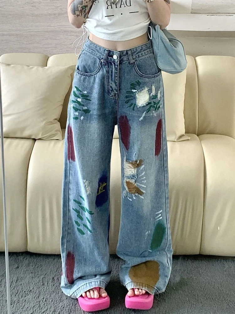 Men's Tie Dye Jeans Graffiti Streetwear Wide Leg Denim Pants Vintage Hop Baggy Straight Trousers Loose Grunge Y2k