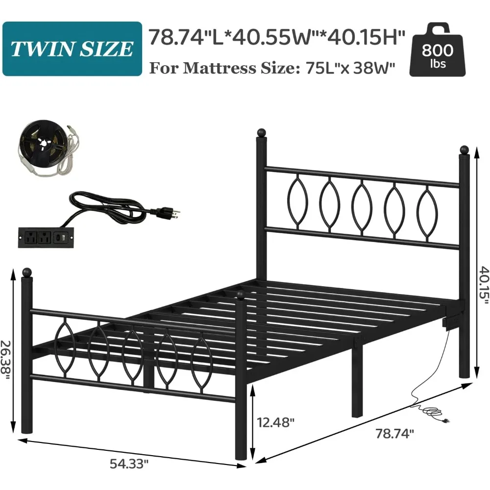 Twin Size Metal Bed Frame with Headboard, Charging Station, LED Lights, 12-Inch Under Bed Storage, Black Platform Bed Frame