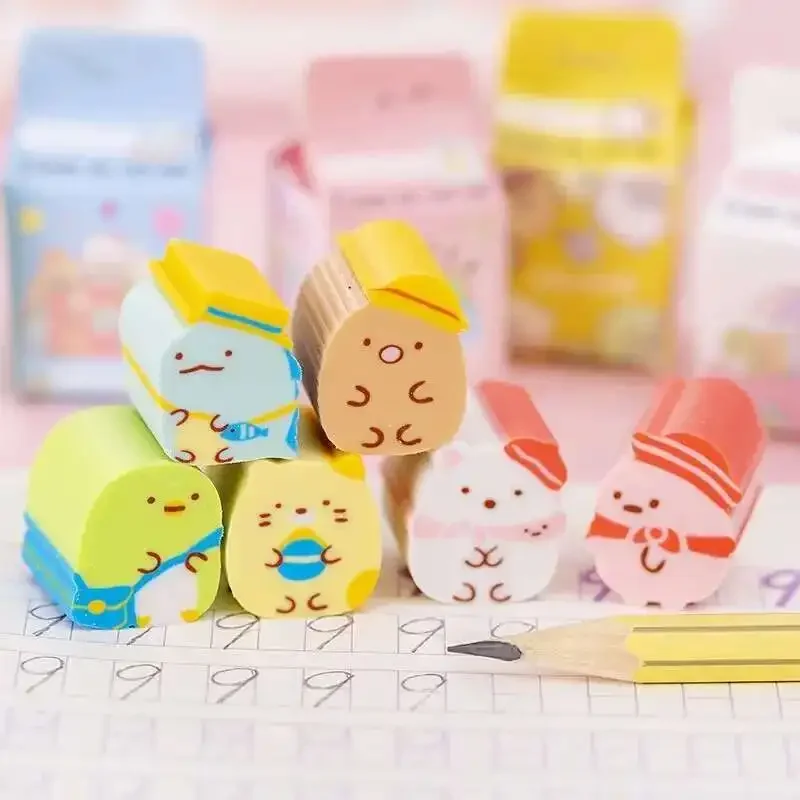 1-6-36 pcs Stationery Kawaii Milk Box Animals Student School Office Supplies Erasers Gift Pencil Rubber Eraser